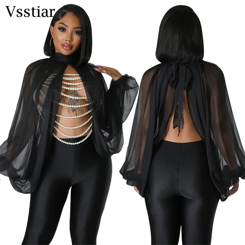 

Vsstiar See Through Women Chiffon Shirts Elegant Batwing Long Sleeve Split Chic Tops Fashion Party Clubwear Ladies Clothes