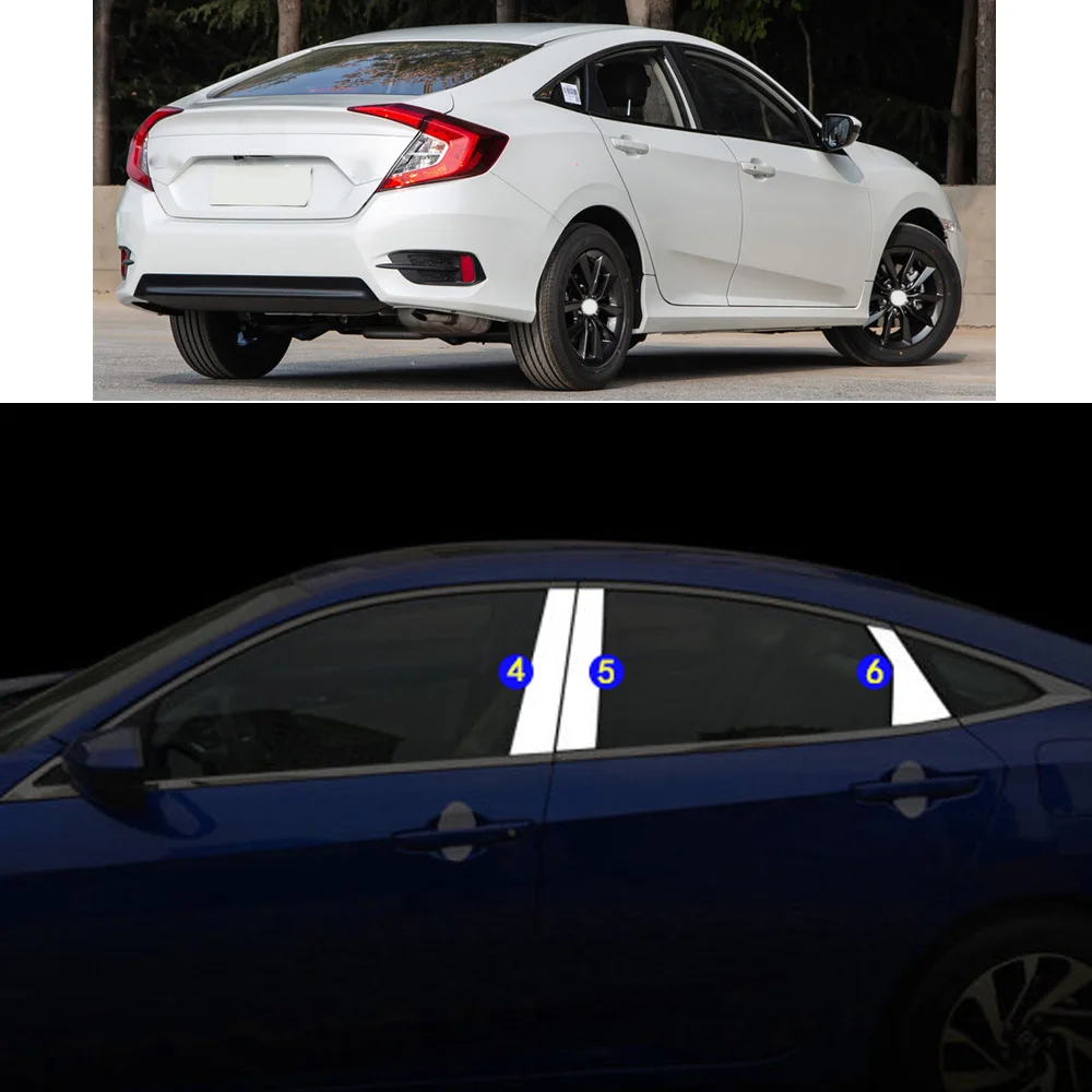 Автомобильная наклейка из нержавеющей стали, декоративная стойка, окно, средняя полоса, отделка рамы, капоты для Honda Civic 10 седан 2016-2021 
Автомобильная наклейка из нержавеющей стали, декоративная стойка, окно, средняя полоса, отделка рамы, капоты для Honda Civic 10 седан 2016-2021