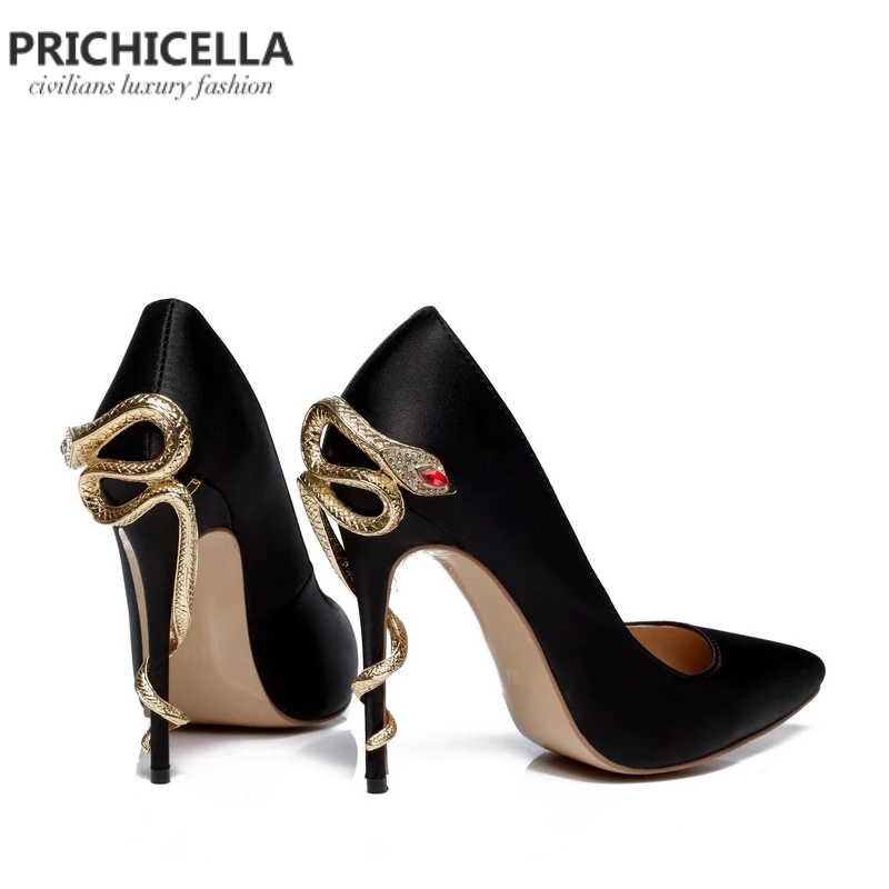PRICHICELLA Satin Gold mental snake heel dress shoe unique genuine leather pointed toe high heeled pumps
PRICHICELLA Satin Gold mental snake heel dress shoe unique genuine leather pointed toe high heeled pumps