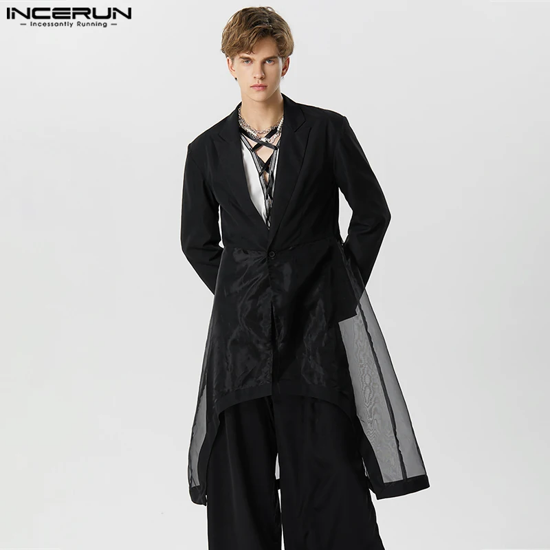 

Handsome Well Fitting Tops INCERUN New Men Fashion Solid Color Patchwork Mesh Blazer Swallowtail Long Sleeved Suit Jackets S-5XL
