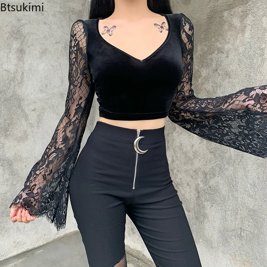 New Gothic Sexy V Neck Lace Black Tops Women Harajuku Vintage Velvet Bodycon Crop Top Woman Transparent Long Sleeve Tops Female
New Gothic Sexy V Neck Lace Black Tops Women Harajuku Vintage Velvet Bodycon Crop Top Woman Transparent Long Sleeve Tops Female