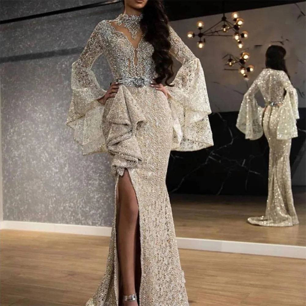 Sexy Prom Dresses Long Sleeves Ruffles High Split With Beading Sequins Party Dress Sparkly Evening Gowns Vestido Fiesta Noche
Sexy Prom Dresses Long Sleeves Ruffles High Split With Beading Sequins Party Dress Sparkly Evening Gowns Vestido Fiesta Noche