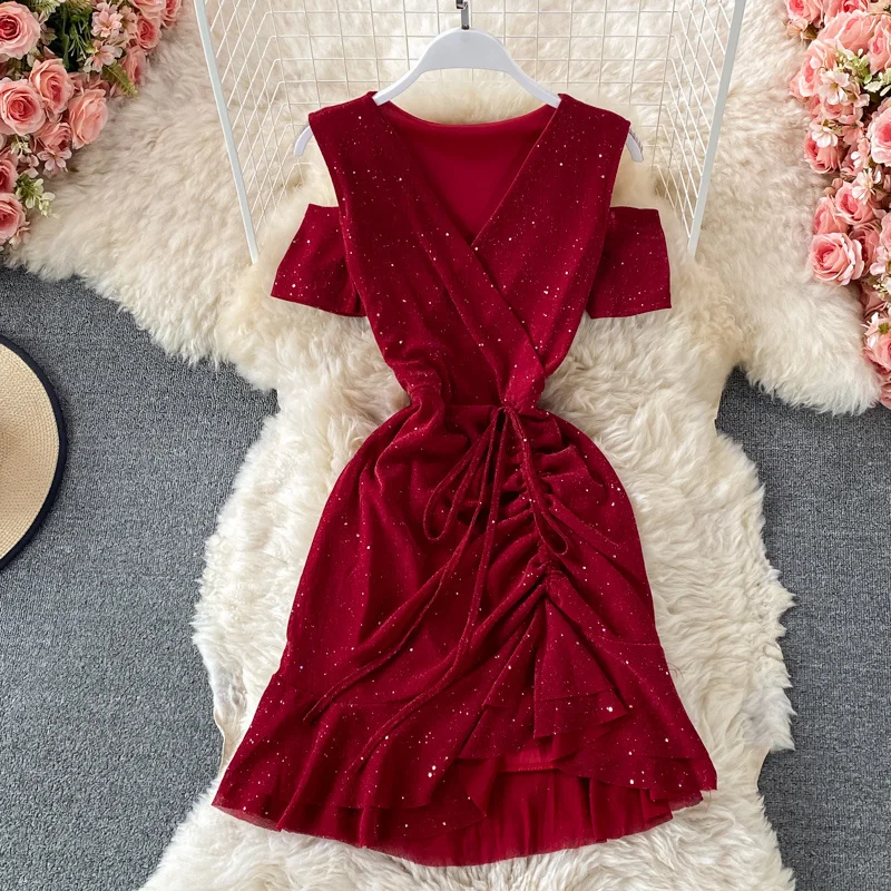 2022 Summer Korean Slim Drawstring Ruffle Sequin Mini Dress V Neck Short Sleeve Black Blue Purple Pink Wine Red Dresses Vestidos
2022 Summer Korean Slim Drawstring Ruffle Sequin Mini Dress V Neck Short Sleeve Black Blue Purple Pink Wine Red Dresses Vestidos