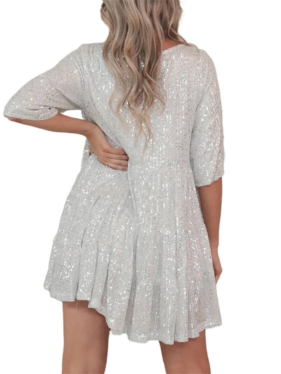 

Women s Glittery Half-Sleeve Sequin Babydoll Dress - Flowy Mini Dress for Night Parties Concerts and Clubwear with Sparkly