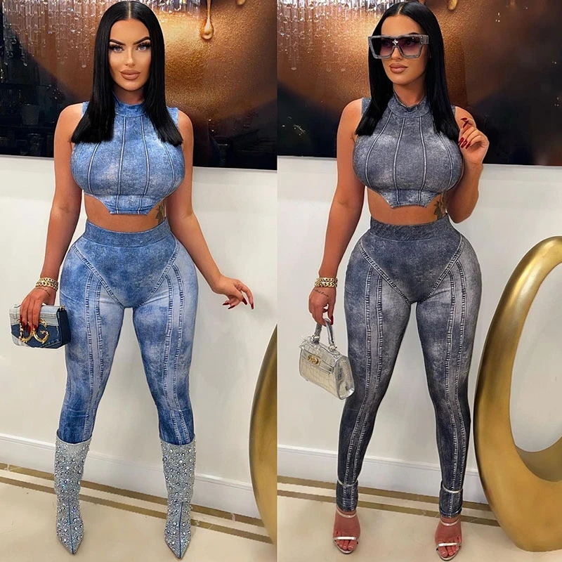 Fake Denim Print 2pcs Set Summer Sleeveless Bandage Crop Top And Long Skinny Leggings Fashion Y2K Matching Sets Women Clothing
Fake Denim Print 2pcs Set Summer Sleeveless Bandage Crop Top And Long Skinny Leggings Fashion Y2K Matching Sets Women Clothing