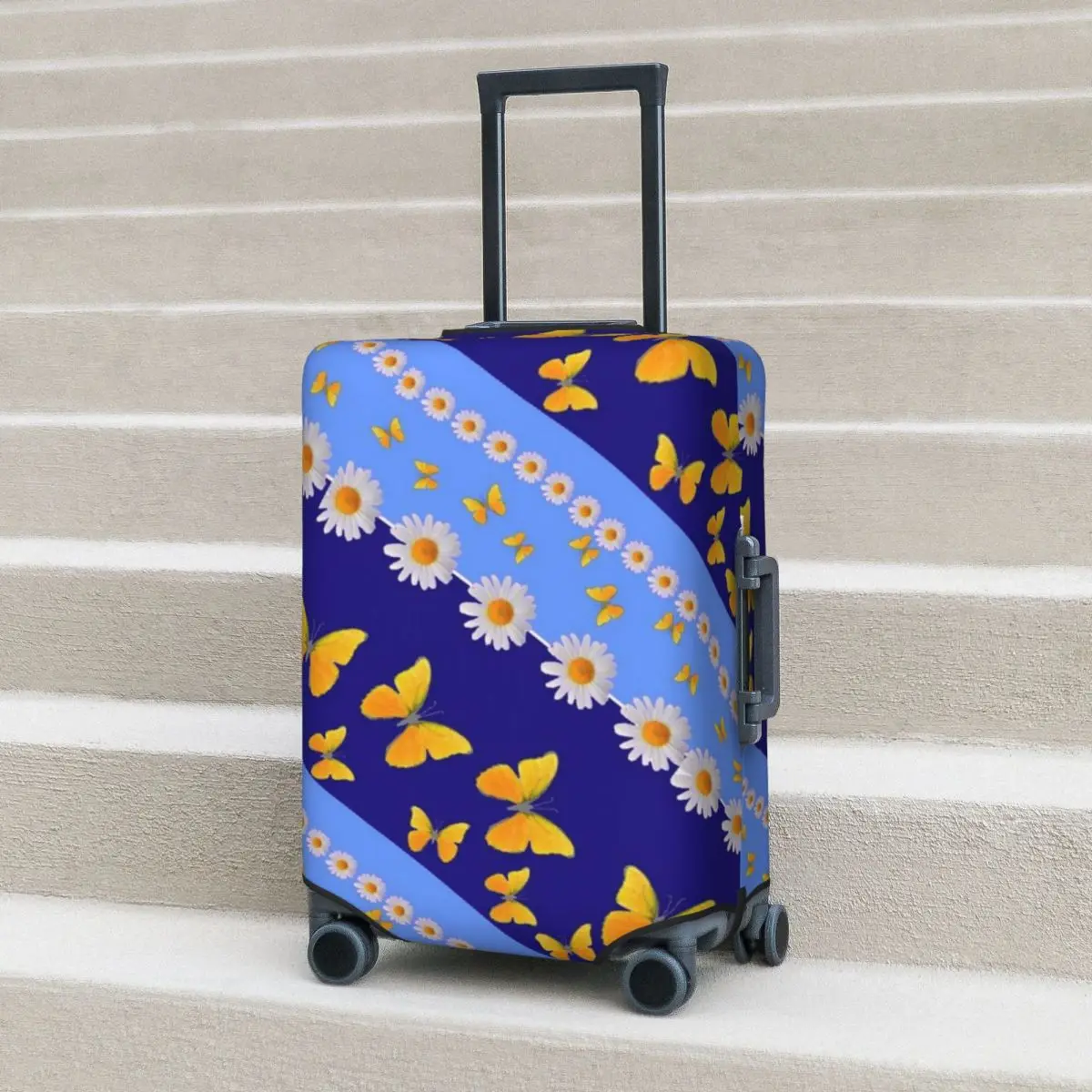 

White Daisies Print Suitcase Cover Diagonal Stripes Business Flight Practical Luggage Accesories Protector