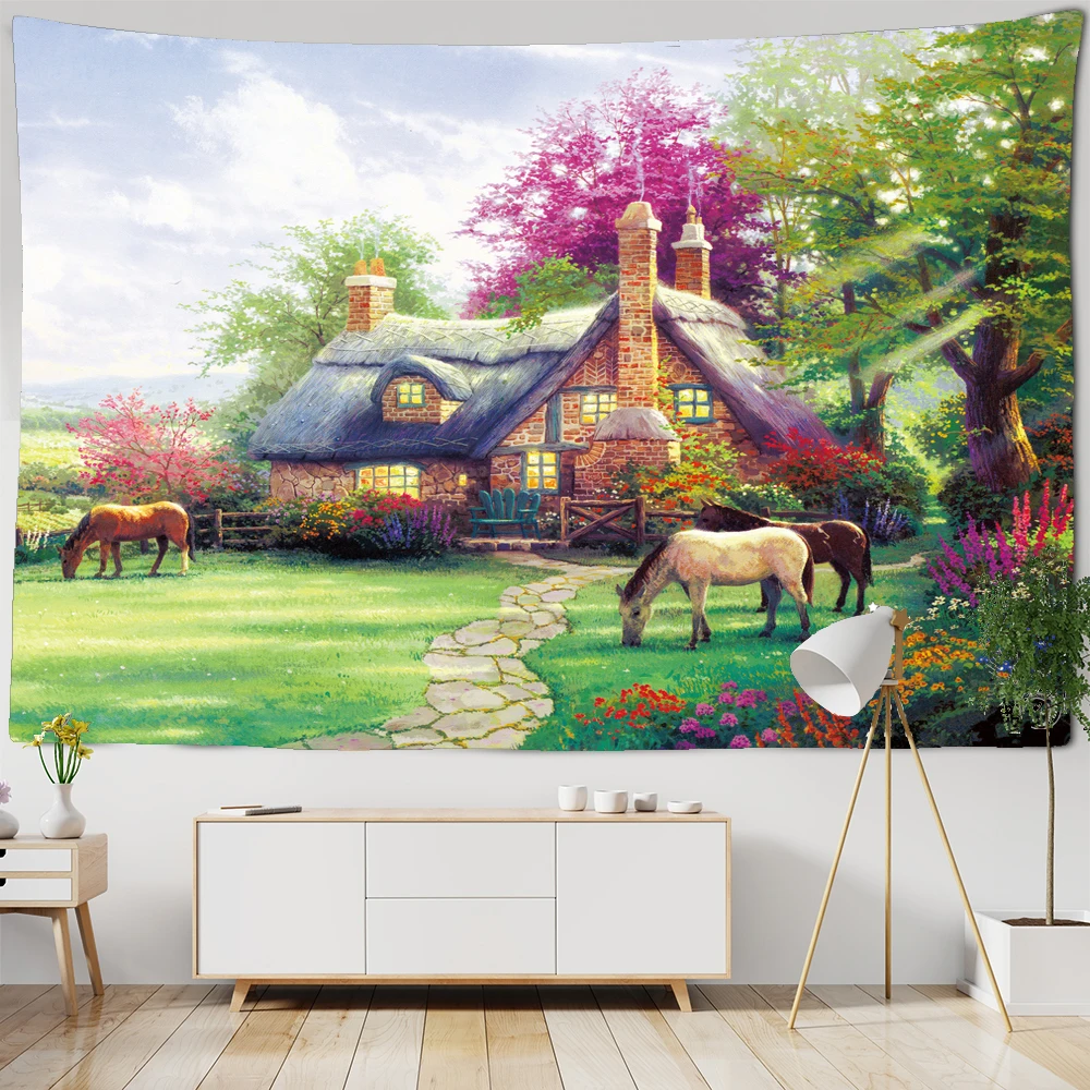 

Nordic Style Forest landscape Oil Painting Tapestry Wall Hanging Bohemian Aesthetics Tapestry Room Art Dormitory Home Decorate