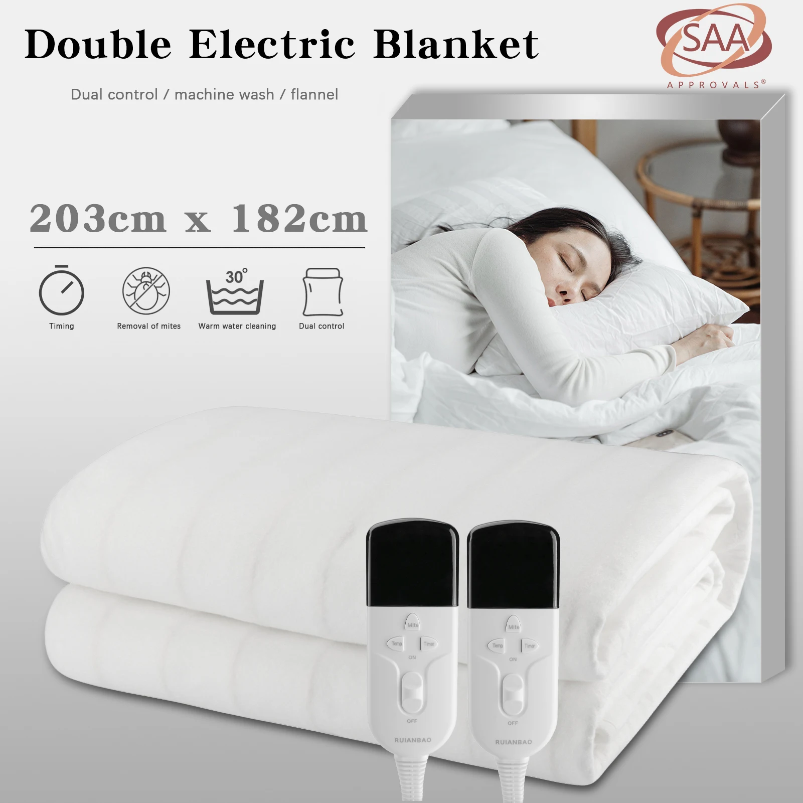 RUIANBAO Double Electric Blanket Heated Bed Mat Carpet Warmer Under Blanket 2 Controllers SAA 240V 203cm* 182cm King Size 
RUIANBAO Double Electric Blanket Heated Bed Mat Carpet Warmer Under Blanket 2 Controllers SAA 240V 203cm* 182cm King Size