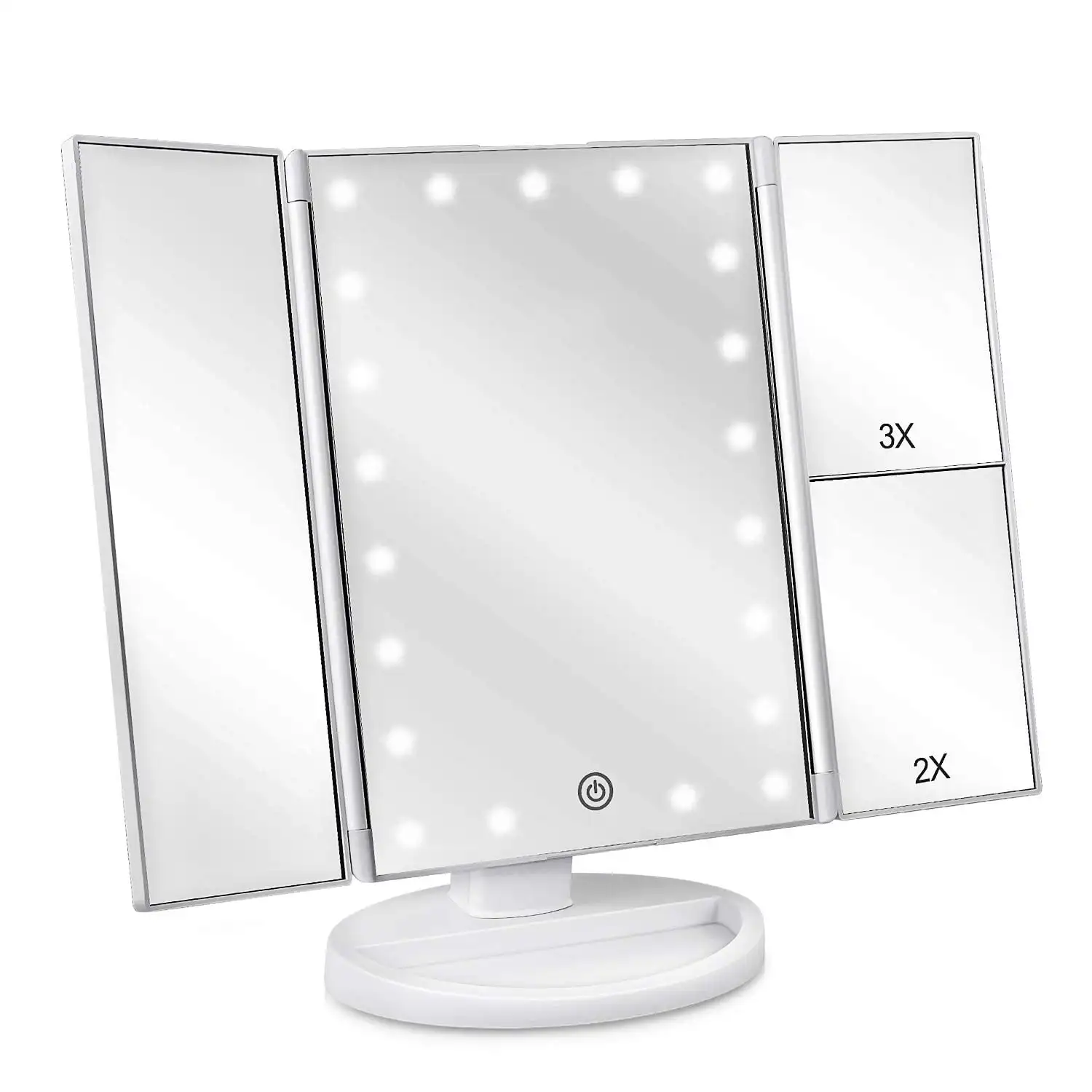Tri-Fold Lighted Vanity Mirror with 21 LED Lights, Touch Screen and 3X/2X/1X Magnification, Two Power Supply Modes Make Up Mirro
Tri-Fold Lighted Vanity Mirror with 21 LED Lights, Touch Screen and 3X/2X/1X Magnification, Two Power Supply Modes Make Up Mirro