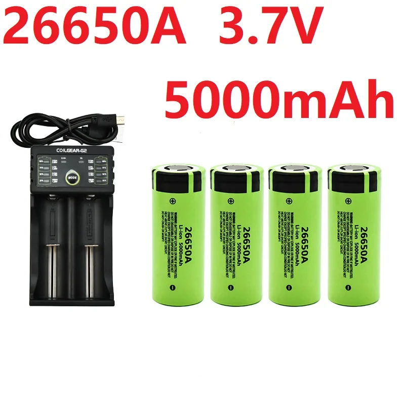 

26650A 3.7V 5000mAh Power Supply Lithium Ion Rechargeable Battery+charger 26650 20A Power Battery, Toys, Flashlights, Small Fans