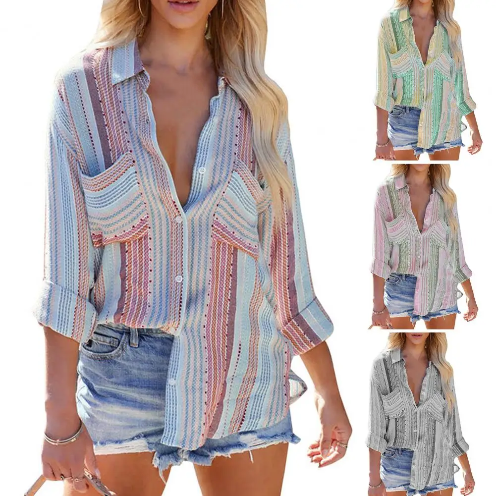 Patch Pockets Charming Striped Stitching Color Lady Shirt Blouse Comfortable Fashion Shirt Loose Fit Female Clothing
Patch Pockets Charming Striped Stitching Color Lady Shirt Blouse Comfortable Fashion Shirt Loose Fit Female Clothing