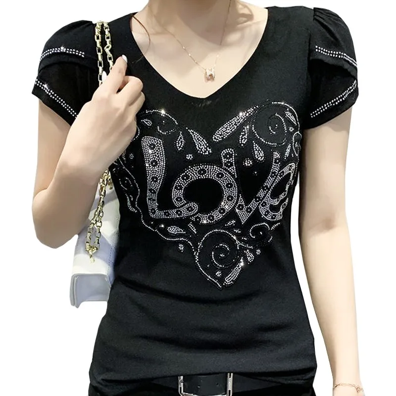 Sexy Summer Girl Slim Tees Embroidered Butterfly On The Back V-neck Fashion Women Perspective Tops Hot Drill Love T Shirt Female
Sexy Summer Girl Slim Tees Embroidered Butterfly On The Back V-neck Fashion Women Perspective Tops Hot Drill Love T Shirt Female