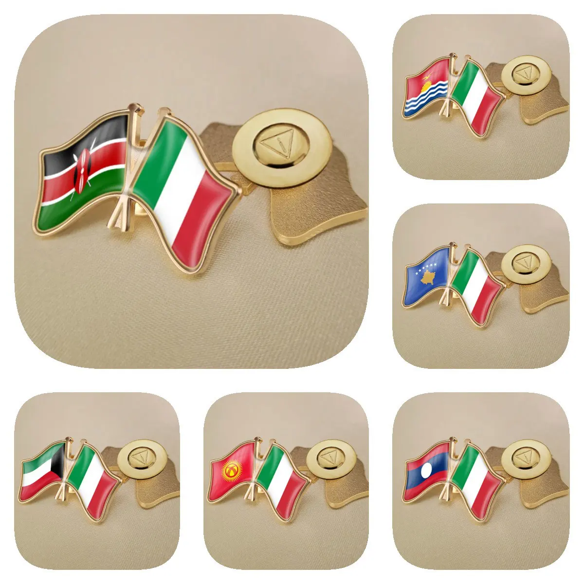 

Italy and Kenya Kiribati Kosovo Kuwait Kyrgyzstan Lao People's Democratic Republic Friendship Flags Brooches Lapel Pins Bradges