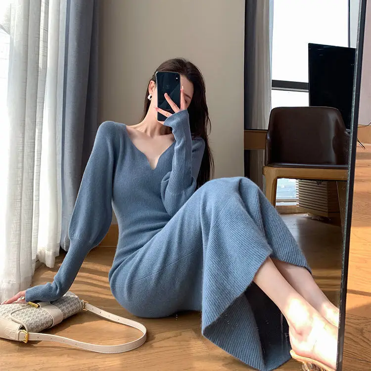 2022 New Elegant V-neck Slim Long Sweater Dress Women Thick Knit Autumn Winter Dress Female Slim Basic Dress Casual T146
2022 New Elegant V-neck Slim Long Sweater Dress Women Thick Knit Autumn Winter Dress Female Slim Basic Dress Casual T146