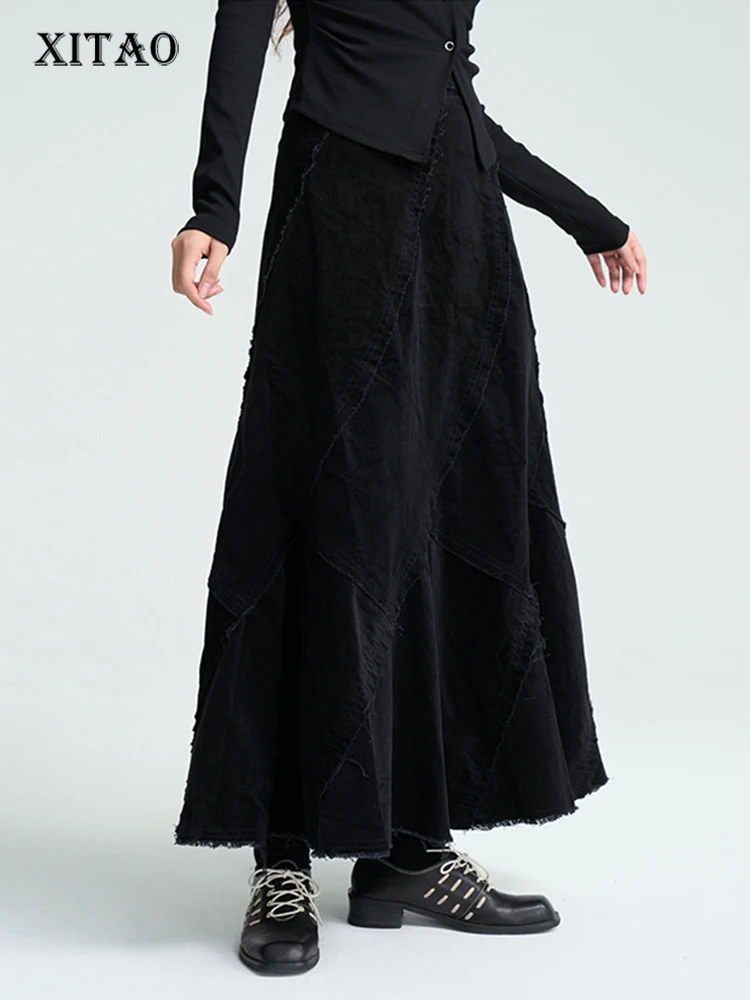 

XITAO Fashion Black Skirt Irregular Spicing Simplicity Temperament All-match A-line Skirt 2023 Autumn Solid Color New ZZ0140