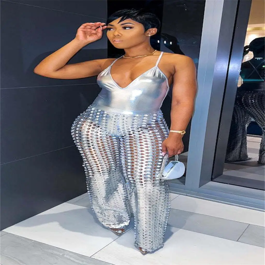 Chic Bling Bling Summer Off Shoulder Bodysuits Playsuits + Sheer Hollow Out Wide Leg Pants Sexy Women Two Piece Sets Clubwear
Chic Bling Bling Summer Off Shoulder Bodysuits Playsuits + Sheer Hollow Out Wide Leg Pants Sexy Women Two Piece Sets Clubwear