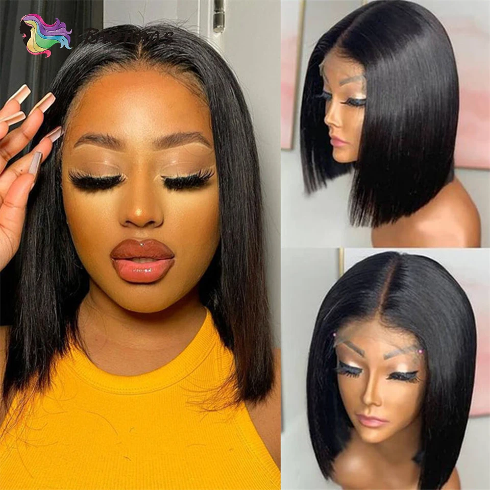 

Straight Short Bob Wigs Peruvian 100% Human Hair Wigs 13x4 Lace Frontal Wig Pre Plucked Natural Hairline Remy Hair Wig For Women