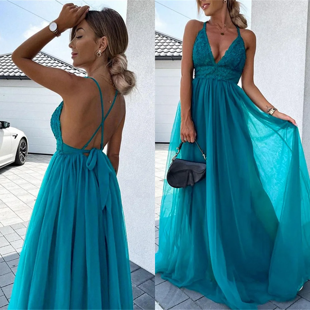 Elegant Spaghetti A-line Prom Dresses Open back Bows Soutache/Ribbon Trim Alencon lace Chiffon Floor length Evening Dresses فسات
Elegant Spaghetti A-line Prom Dresses Open back Bows Soutache/Ribbon Trim Alencon lace Chiffon Floor length Evening Dresses فسات