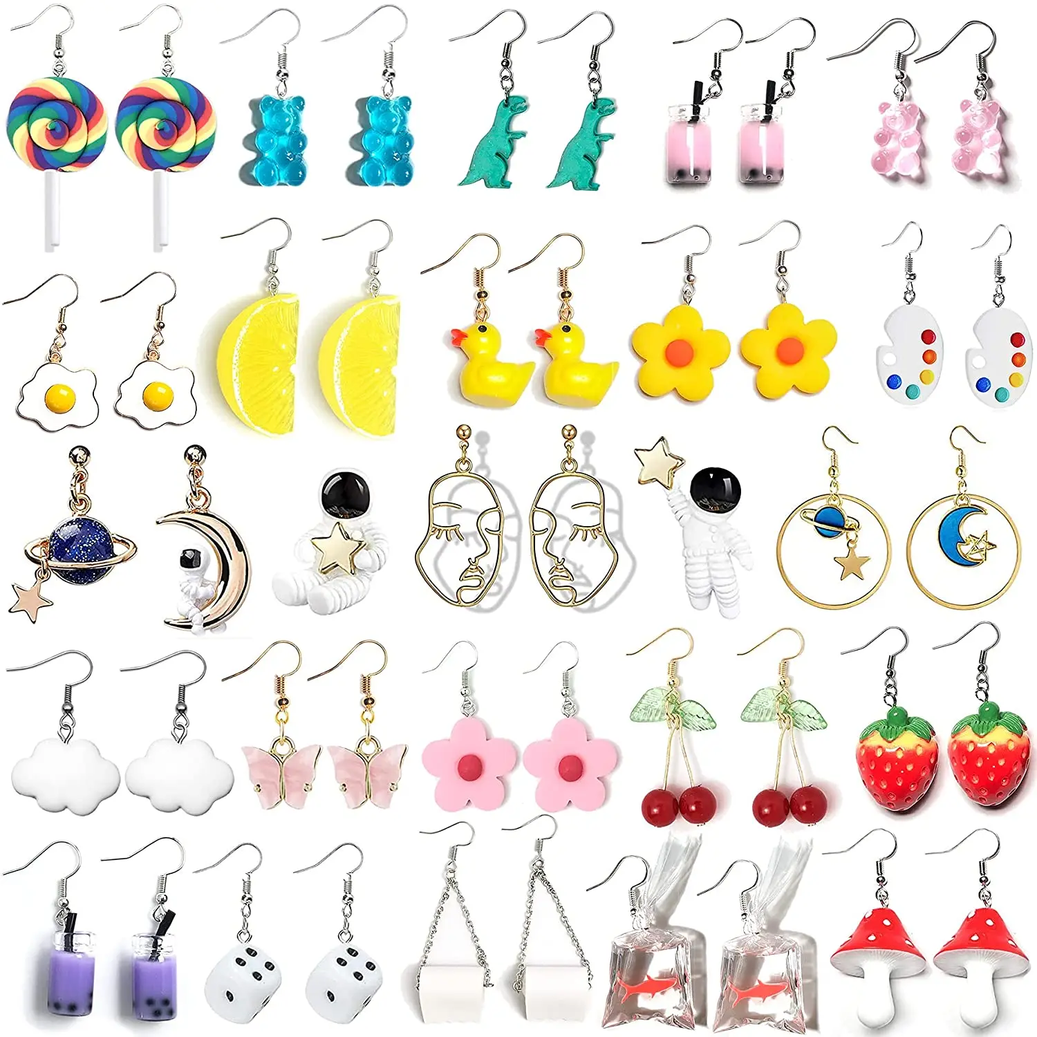 24 Pairs Weird Earrings Drop Dangle Earrings for Women Girls Planet Astronaut Moon Stars Face Dinosaur Bear Lollipop Fish
24 Pairs Weird Earrings Drop Dangle Earrings for Women Girls Planet Astronaut Moon Stars Face Dinosaur Bear Lollipop Fish