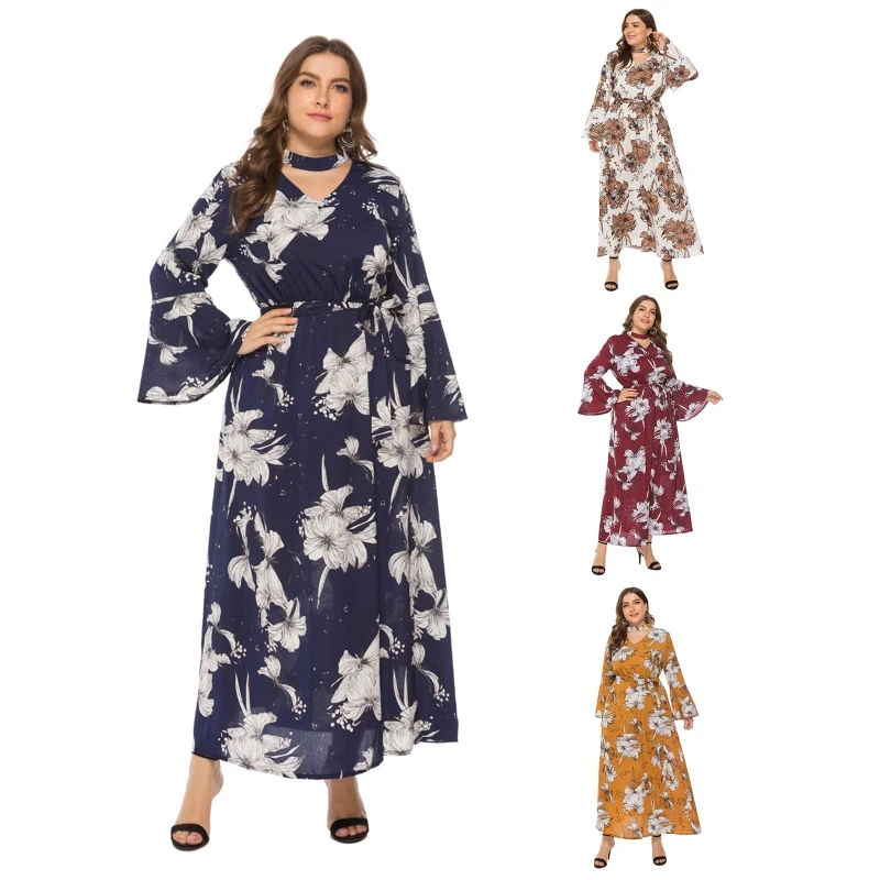 Women Flare Long Sleeve Choker V-Neck Maxi Long Swing Dress Boho Floral Print Belted High Waist A-Line Flowy 10CD
Women Flare Long Sleeve Choker V-Neck Maxi Long Swing Dress Boho Floral Print Belted High Waist A-Line Flowy 10CD