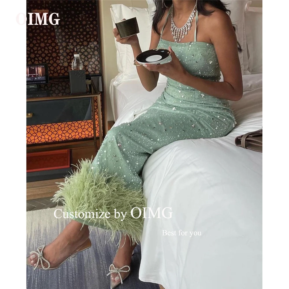 OIMG Sparkly Sequin Sage Green Mermaid Feathers Evening Dresses Long Halter Shiny Saudi Arabic Women Formal Party Prom Gowns
OIMG Sparkly Sequin Sage Green Mermaid Feathers Evening Dresses Long Halter Shiny Saudi Arabic Women Formal Party Prom Gowns