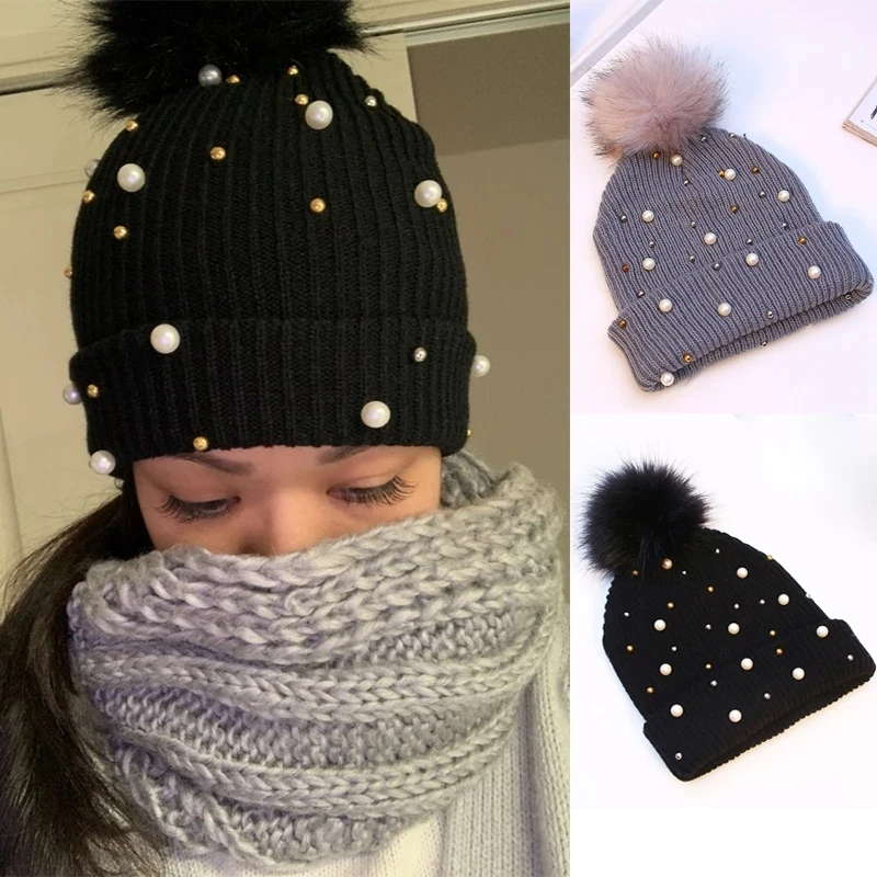 

New Fashion Pompom Knitted Wool Hat for Women Pearls Beads Cap Outdoor Warm Beanie Winter Caps Personalized Cuffed Ski Knit Hats