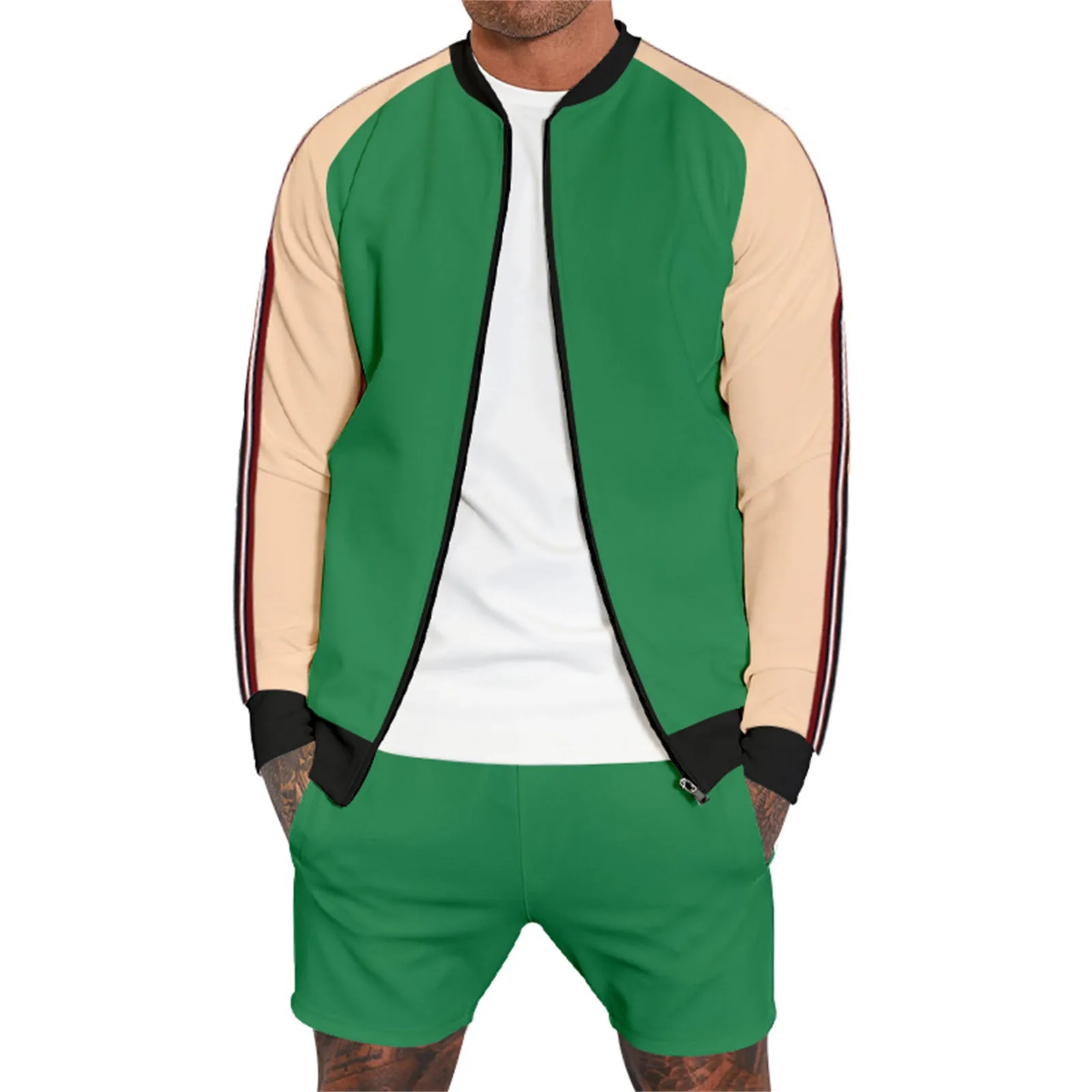 Summer Men'S Color Patchwork Zipper Jacket Coat Shorts Set Casual Fashion Luxury Style Set Of Clothes Street Tracksuit Outfits
Summer Men'S Color Patchwork Zipper Jacket Coat Shorts Set Casual Fashion Luxury Style Set Of Clothes Street Tracksuit Outfits