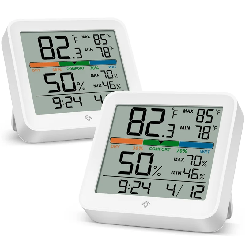 

2 Pack Digital Thermometer Indoor Hygrometer Clock Calendar Calibration Backlight Temperature Gauge Humidity Monitor