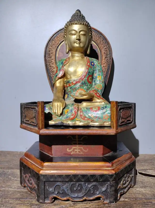 

19"Tibet Temple Collection Old Bronze Cloisonne Enamel Sakyamuni Buddha lacquerware Lotus Platform Buddhist Niche Worship Hall