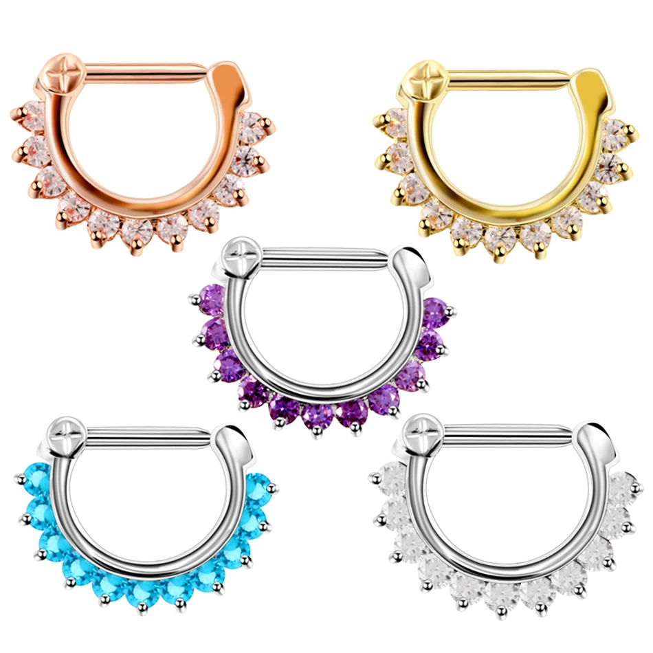

1PC Stainless Steel Colorful Crystal Gem Hinged Nose Septum Clicker Nipple Ear Cuff Piercing Ring Charming Jewelry For Woman 16G