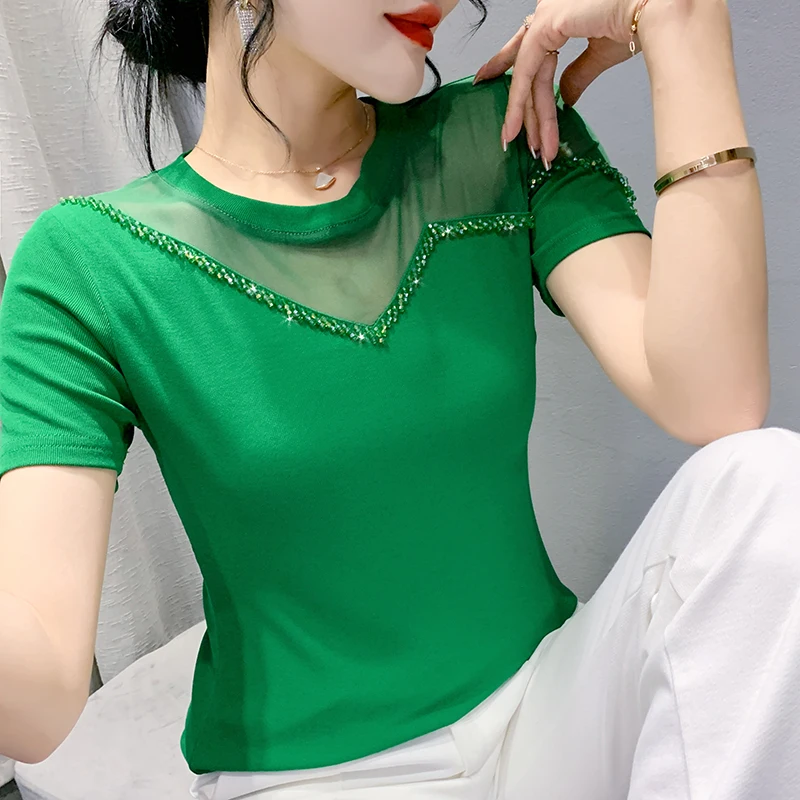 Short Sleeved Women's T-Shirt New 2022 Summer Fashion O-Neck Beading Solid Color Mesh Top Female Elasticity Camisetas Blusas
Short Sleeved Women's T-Shirt New 2022 Summer Fashion O-Neck Beading Solid Color Mesh Top Female Elasticity Camisetas Blusas