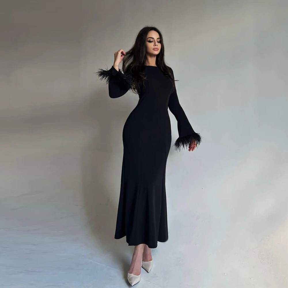 Modest Black Mermaid Stretch Satin Mermaid Evening Dresses Long Sleeves Feathers Jewel Ankle Length Formal Party Dress
Modest Black Mermaid Stretch Satin Mermaid Evening Dresses Long Sleeves Feathers Jewel Ankle Length Formal Party Dress
