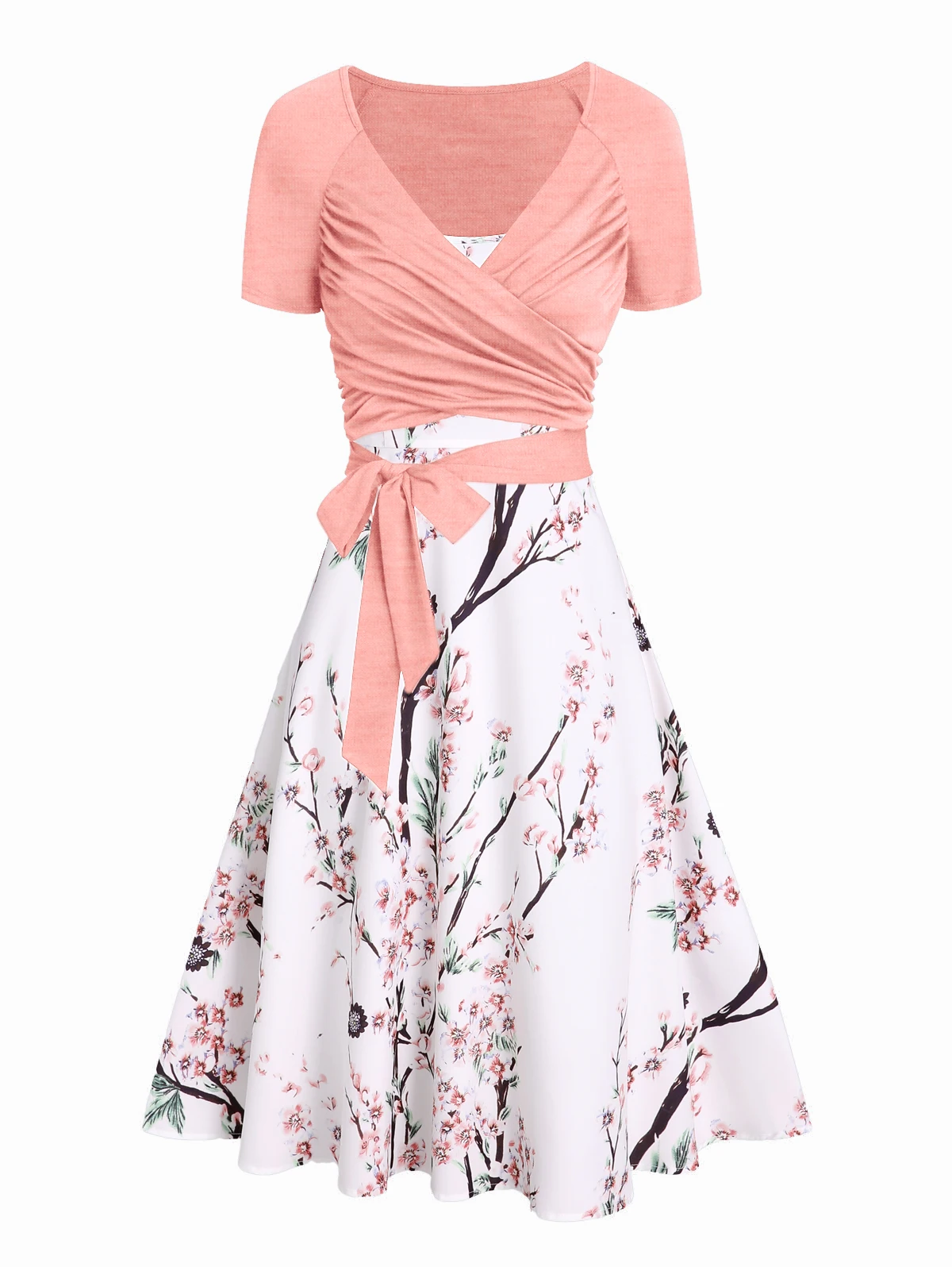 

Spring New Flower Leaf Print Midi Cami Dress And Long Sleeve Heather Crossover Tied Cropped Top Outfit Vestidos De Fiesta