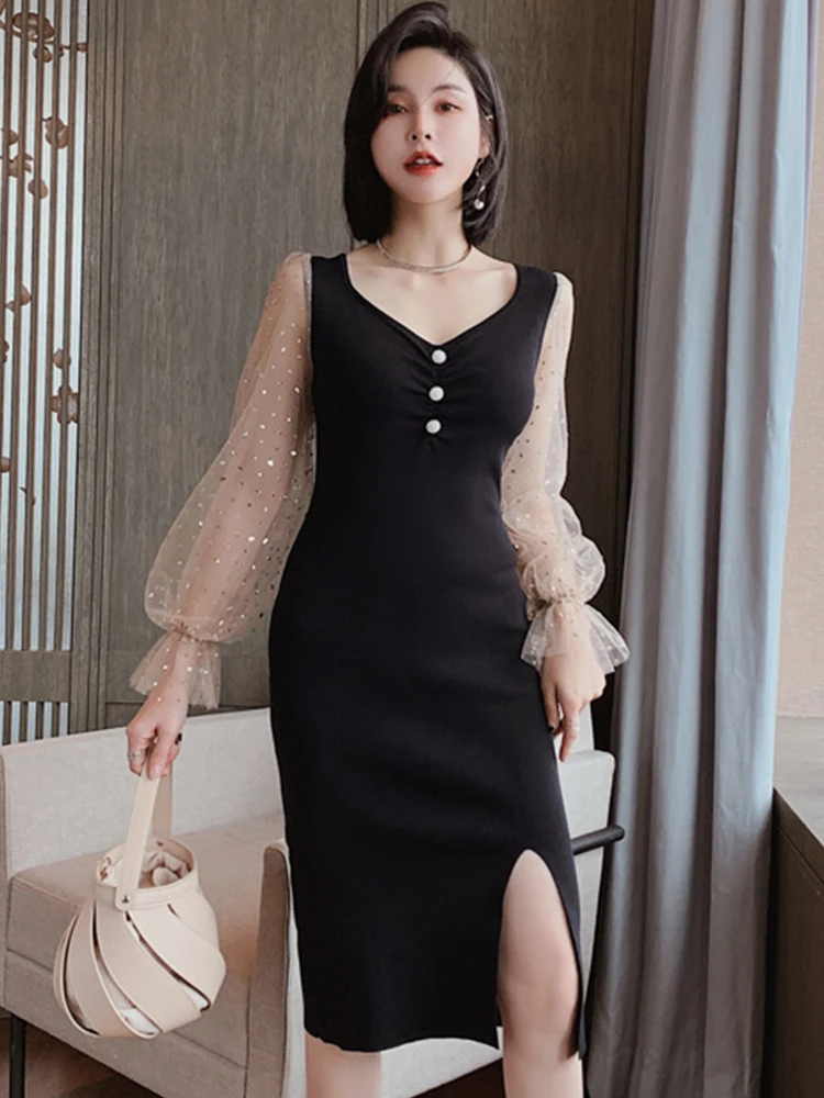 

Элегантное стильное милое платье для женщин, прозрачное блестящее Сетчатое платье с буффами и длинным рукавом, черное облегающее платье с запахом и разрезом на бедрах, женское вечернее платье