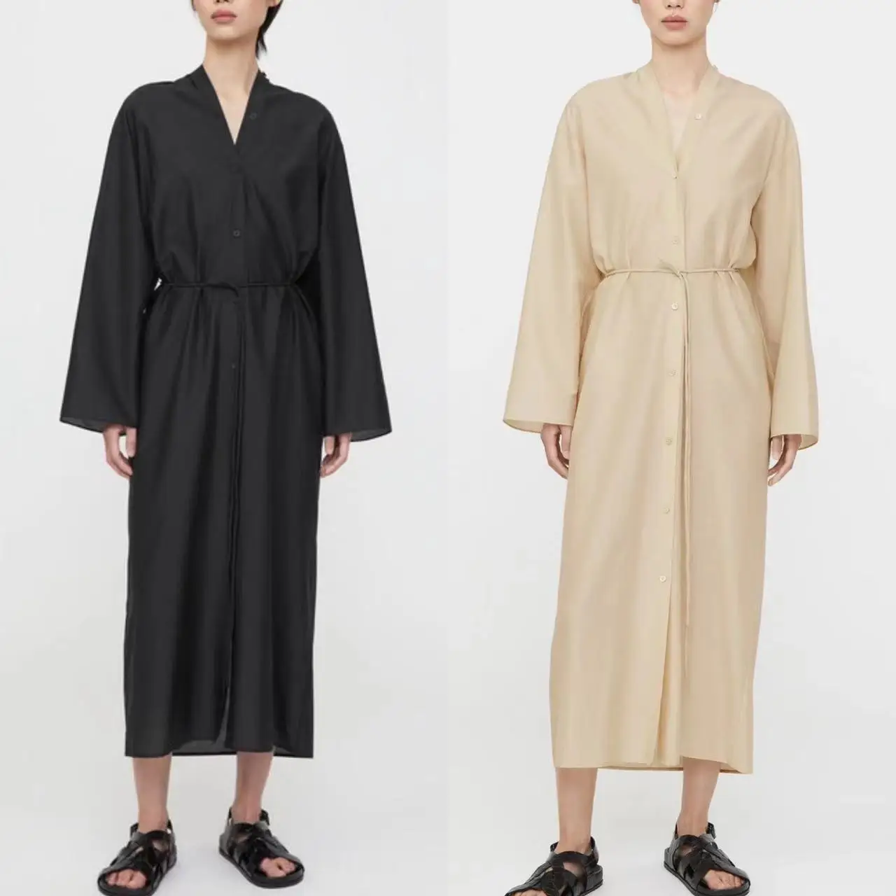 Cotton Blend Women's Midi Robes Lace-up Single Breasted V-neck Simple Long Sleeve 2022 Autumn Female Dress
Cotton Blend Women's Midi Robes Lace-up Single Breasted V-neck Simple Long Sleeve 2022 Autumn Female Dress