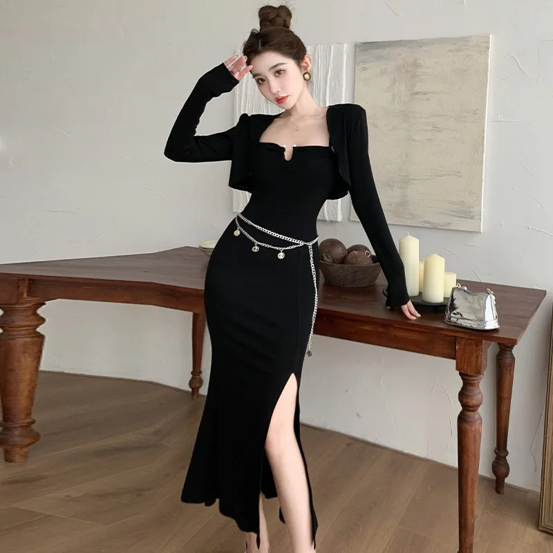 Black Women's Female Dress Sexy Slit Suspender Skirt Knitted Cardigan Suit With Waist Chain Ladies Dresses for Women 2023 Womens
Black Women's Female Dress Sexy Slit Suspender Skirt Knitted Cardigan Suit With Waist Chain Ladies Dresses for Women 2023 Womens