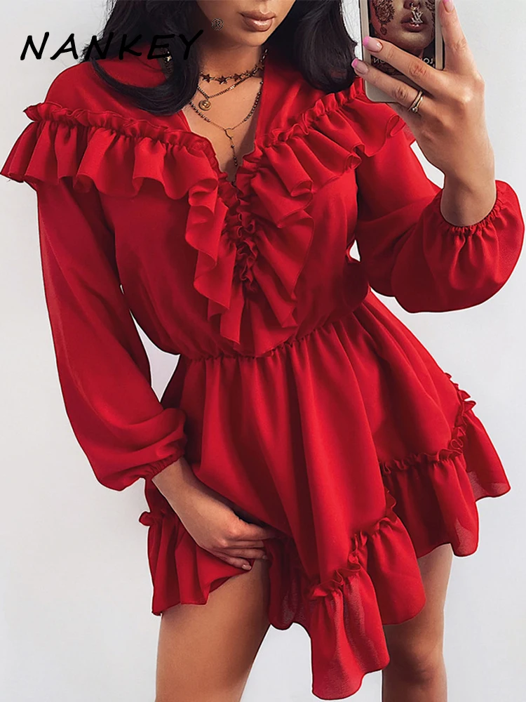 NANKEY Spring Women Fashion Ruffles Long Sleeve Mini Dress Sexy Vestidos Casual V-neck Ladies A Line Dresses Robe Femme 2022
NANKEY Spring Women Fashion Ruffles Long Sleeve Mini Dress Sexy Vestidos Casual V-neck Ladies A Line Dresses Robe Femme 2022