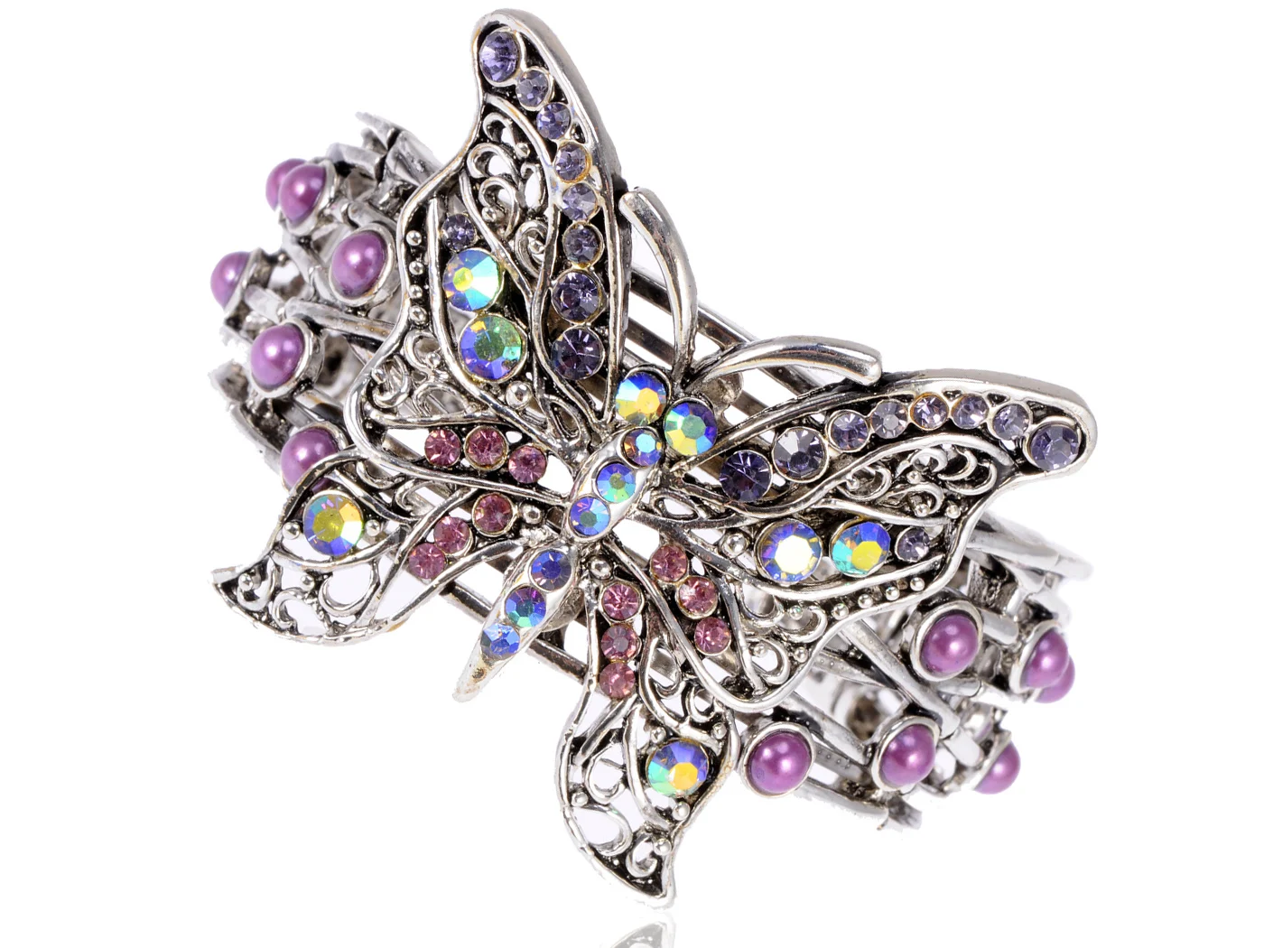 Antique Silvery Tone Iridescent Aurora Borealis Purple Rhinestones Butterfly Cuff Bracelet
Antique Silvery Tone Iridescent Aurora Borealis Purple Rhinestones Butterfly Cuff Bracelet