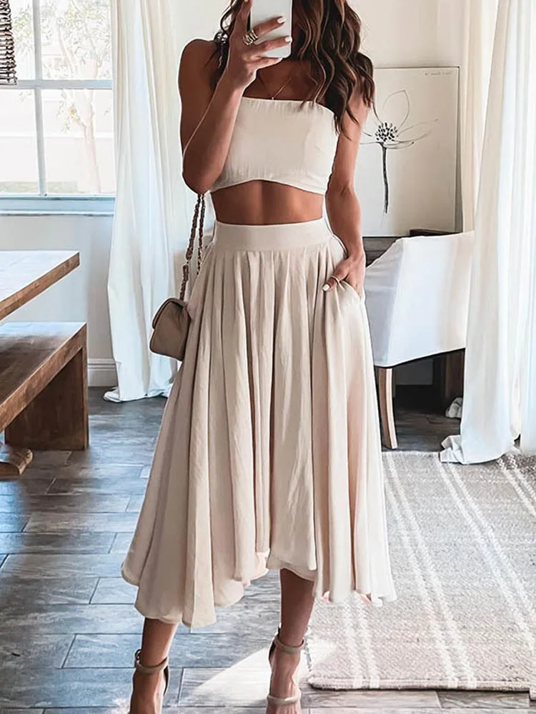 Casual Suits New Sexy Off-the-shoulder Tie Crop Top Chiffon Skirt Suit 2 Piece Summer Sleeveless Solid Color Beachwear Women
Casual Suits New Sexy Off-the-shoulder Tie Crop Top Chiffon Skirt Suit 2 Piece Summer Sleeveless Solid Color Beachwear Women