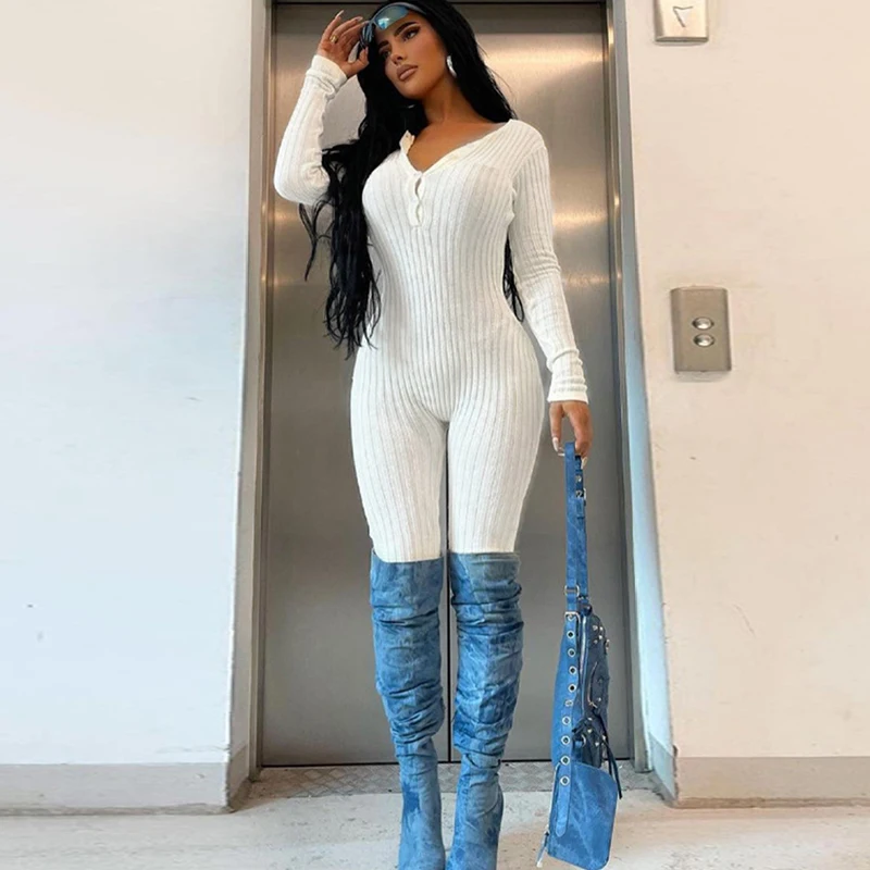 

Sexy Sports Fitness Bodycon Rompers Womens Fall Outfits Jumpsuit Long Sleeve Buttons O Neck One Piece Street Overalls Wholesale