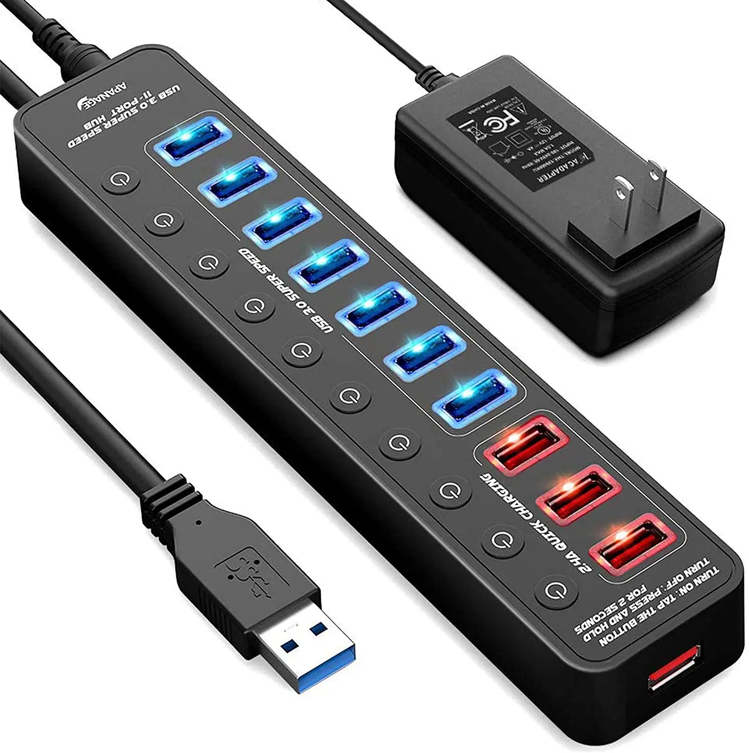 Apanage Powered USB 3.0 Hub, 11 Ports USB Hub Splitter (7 High Speed Data Transfer Ports + 4 Smart Charging Ports) with
Apanage Powered USB 3.0 Hub, 11 Ports USB Hub Splitter (7 High Speed Data Transfer Ports + 4 Smart Charging Ports) with