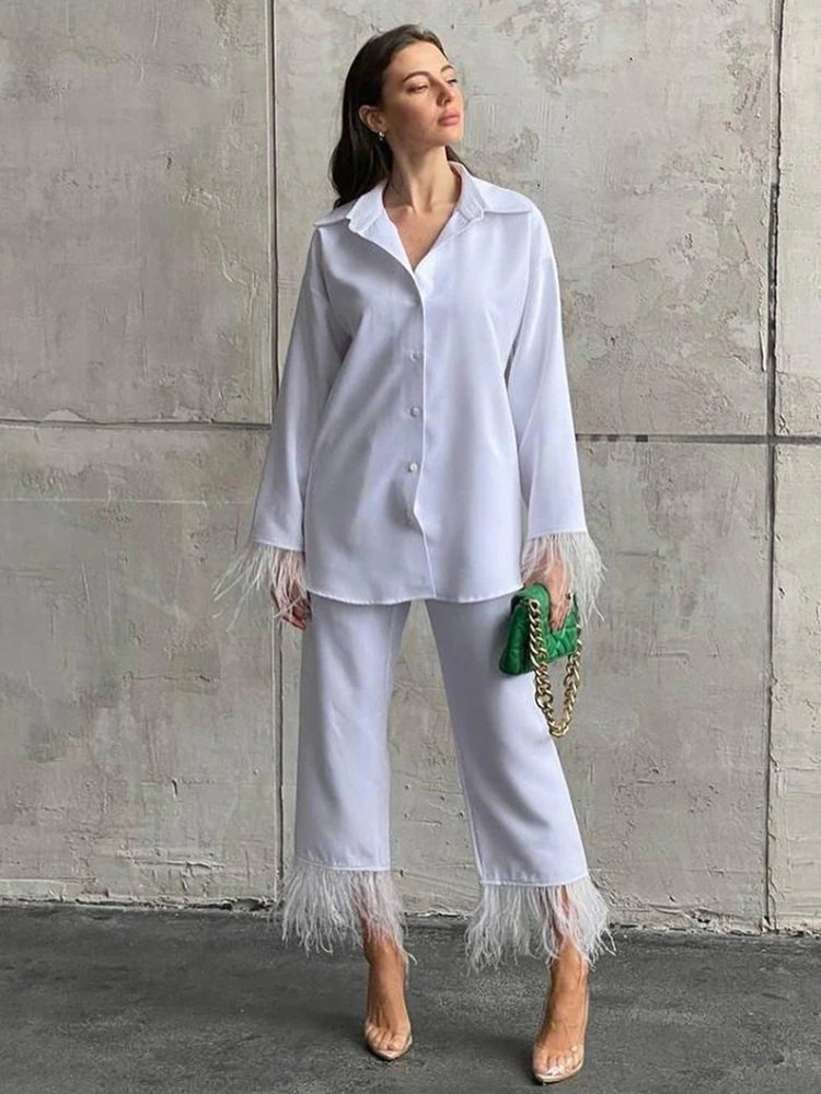 Повседневный домашний костюм Sumuyoo, Женская Весенняя элегантная Свободная рубашка, комплект из двух предметов и брюк, женские модные комбинированные брюки с перьями 
Повседневный домашний костюм Sumuyoo, Женская Весенняя элегантная Свободная рубашка, комплект из двух предметов и брюк, женские модные комбинированные брюки с перьями