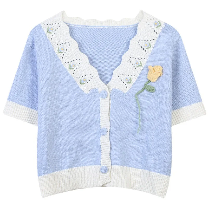 Knitted Cardigan Crop Top Women T Shirts Summer 2023 Floral Shirt Single Breasted Cute Knitwear Short Sleeve Tees Fashion Korean
Knitted Cardigan Crop Top Women T Shirts Summer 2023 Floral Shirt Single Breasted Cute Knitwear Short Sleeve Tees Fashion Korean