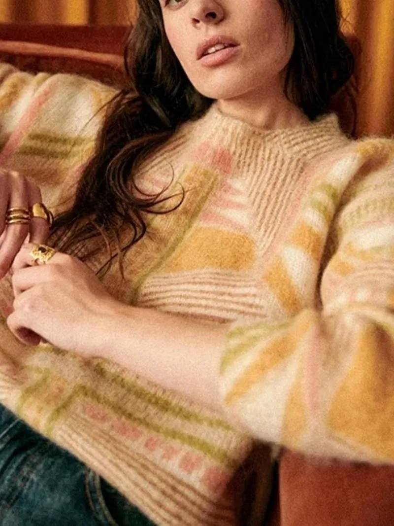 

Женский шерстяной мохеровый свитер с геометрическим рисунком, круглым вырезом и длинным рукавом, Осень-зима 2022