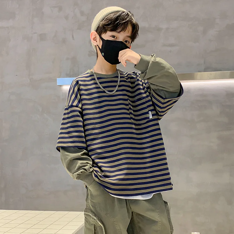 Boys Spring Autumn Striped Fake Two Sweatshirts New Fashion Children Long Sleeve T-shirt Teen Boy Patchwork Top Pullover Clothes
Boys Spring Autumn Striped Fake Two Sweatshirts New Fashion Children Long Sleeve T-shirt Teen Boy Patchwork Top Pullover Clothes
