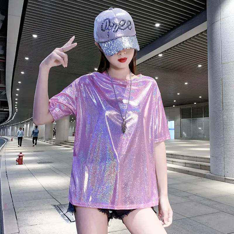 Loose T-shirt shiny cheerleading short-sleeved bright silk jazz dance performance costume personalized sequin costume top
Loose T-shirt shiny cheerleading short-sleeved bright silk jazz dance performance costume personalized sequin costume top