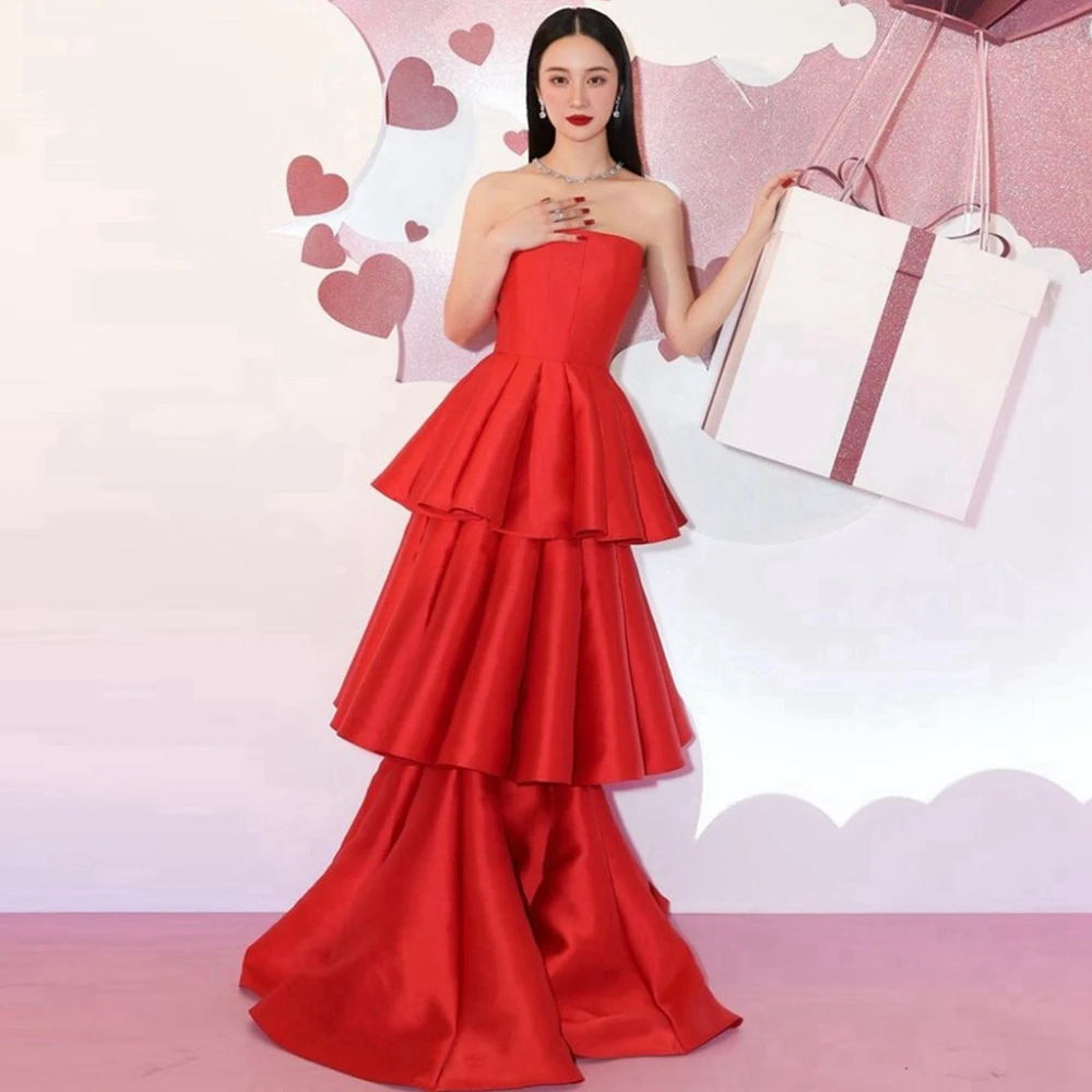 

Strapless Red Satin Evening Dress 3 Layered Ruffled Prom Gown Classical Open Back Woman Clothes For Event Custom Made Plus Size