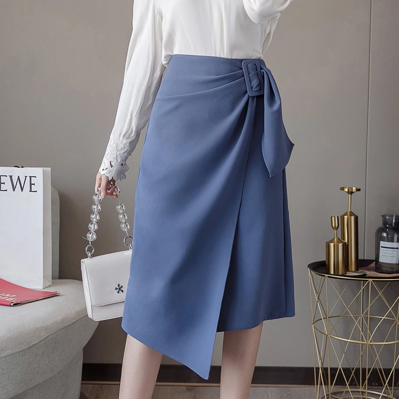 

Женская Асимметричная юбка средней длины, элегантная синяя офисная юбка на шнуровке с высокой талией и разрезом, летняя уличная одежда, вес...