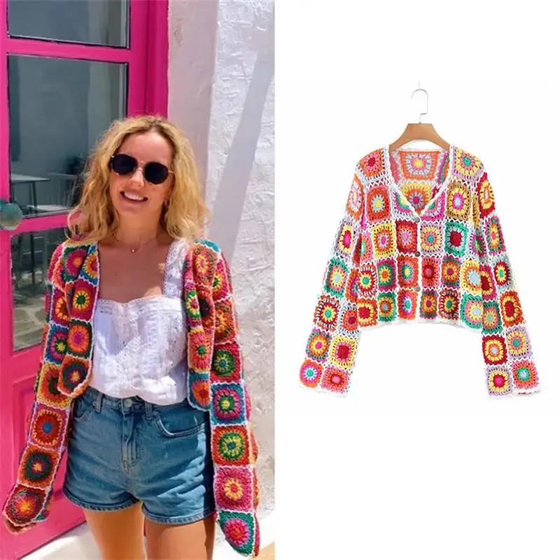 Women's 2022 spring and autumn new hot selling retro crocheted colorful cardigan loose hollow design short knitted sweater
Women's 2022 spring and autumn new hot selling retro crocheted colorful cardigan loose hollow design short knitted sweater