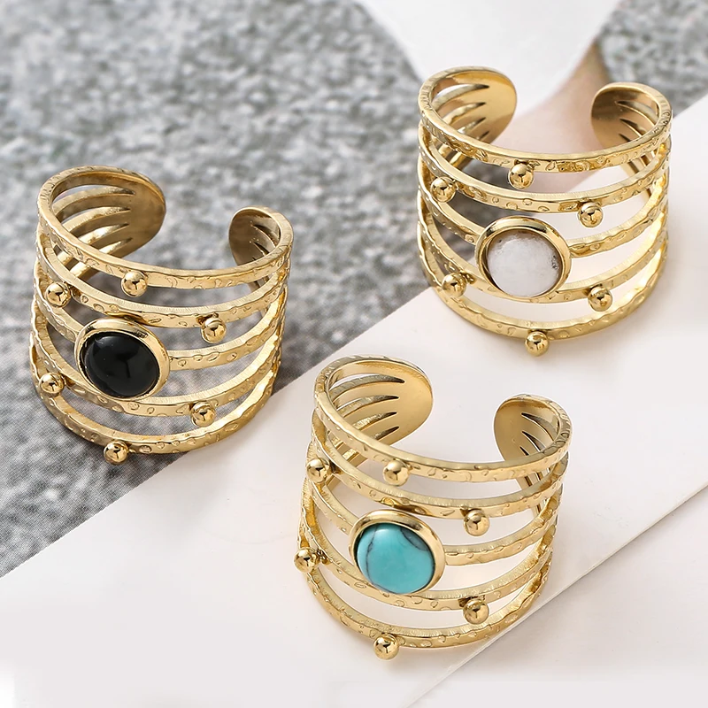 

Vintage Stainless Steel Natural Stone Ring For Women Fashion Multilayer Adjustable Open Ring Golden 14K Plated Turquoise Ring